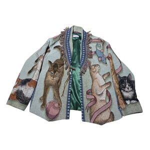 Jans Jems Vintage Woven Tapestry Cat Jacket Fringed Shawl Collar Green XL